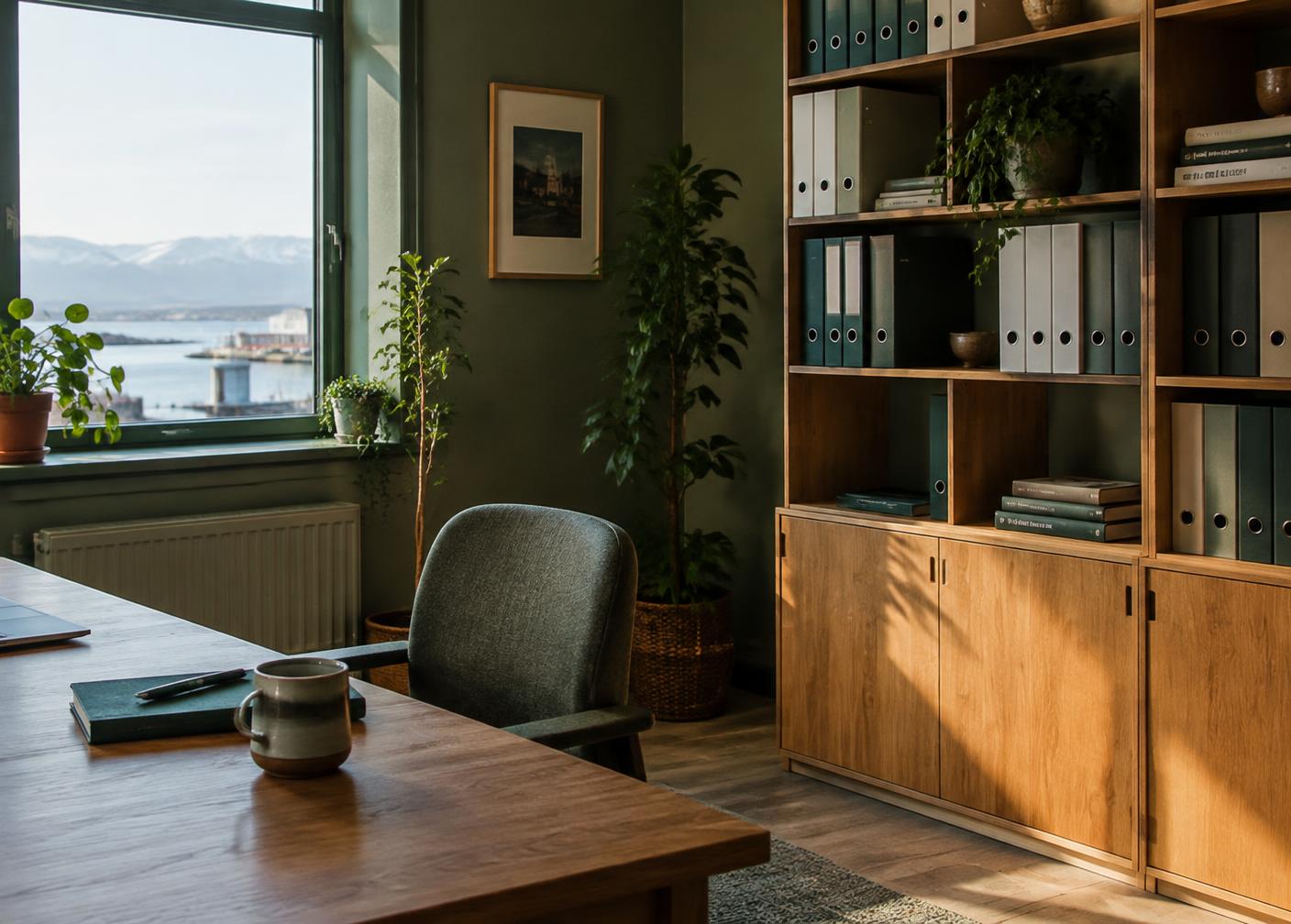 Lyst kontor med hyller og arbeidspult
